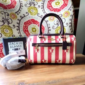 Coach Rowan 25 Satchel with Red Cream Stripe Star Print